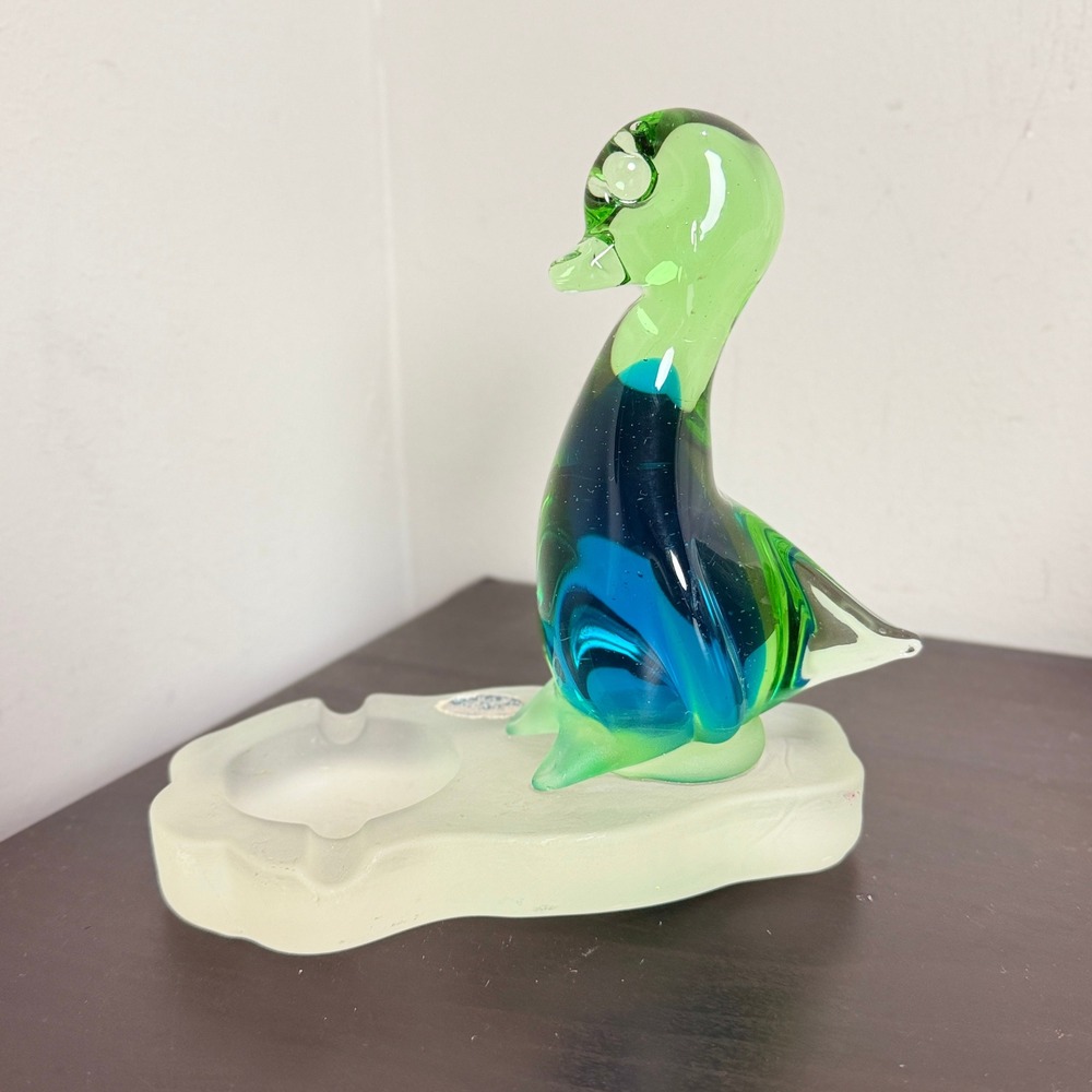 Vintage Murano Art Glass Bird Ashtray Sommerso Blue Green Frosted Glass RARE
